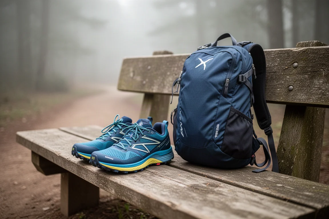 Trail running shoe beside a small backpack on a wooden bench