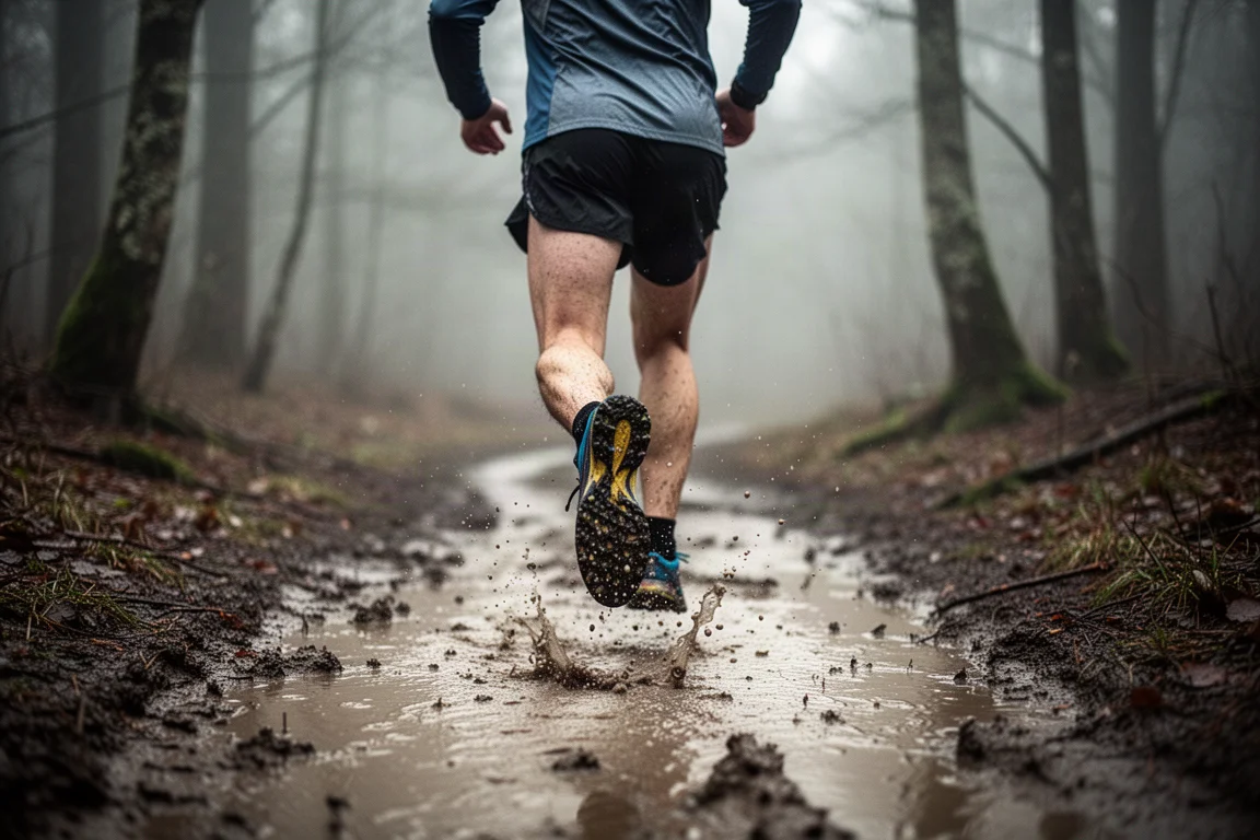 Trailrunner die door een nat, modderig bos pad spettert bij koel weer