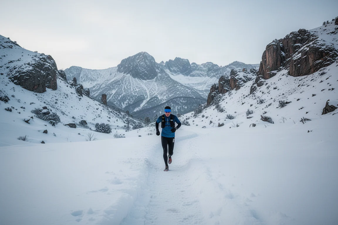 Hardloper die een besneeuwde bergtrail afdaalt boven de boomgrens