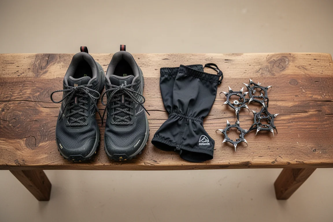 Trailschoenen op een houten bankje naast loopkousen