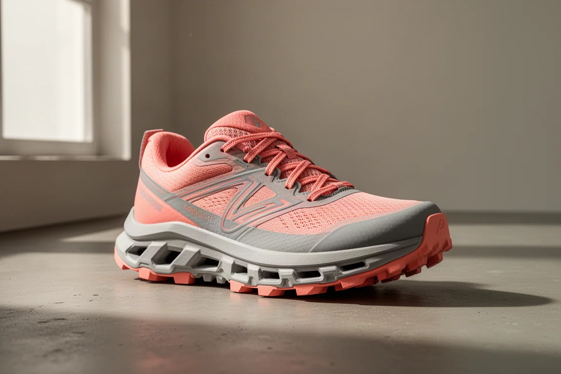 Hoka Challenger ATR 7 trail running shoe in coral and grey on a concrete surface
