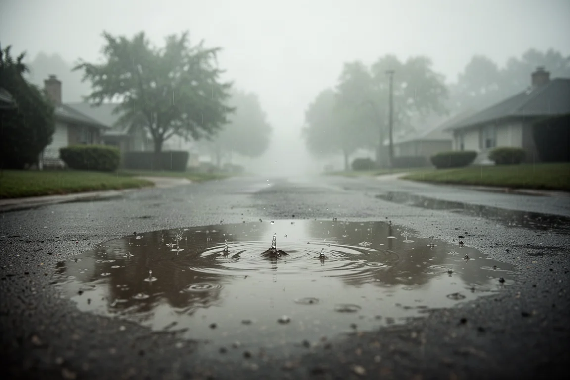 Våt vägyta under mulna himlar under kraftigt regn