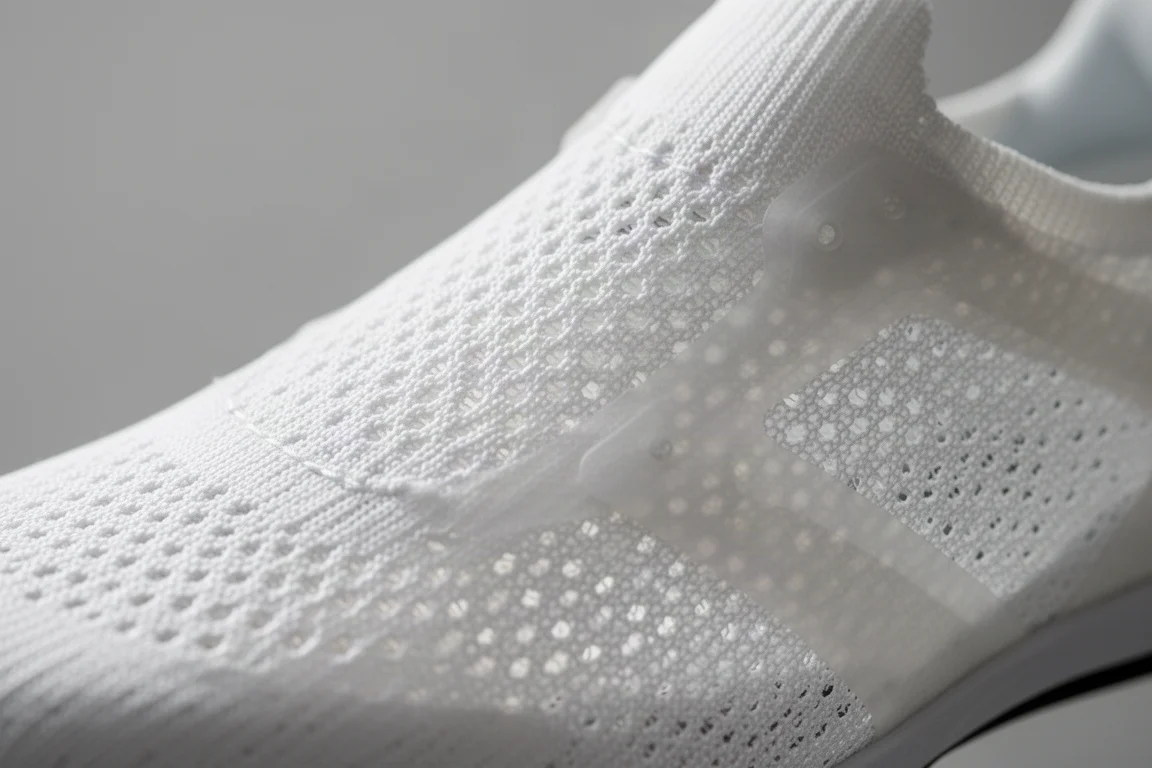 Primo piano della tomaia sottile e traslucida di una scarpa da running dal design minimale