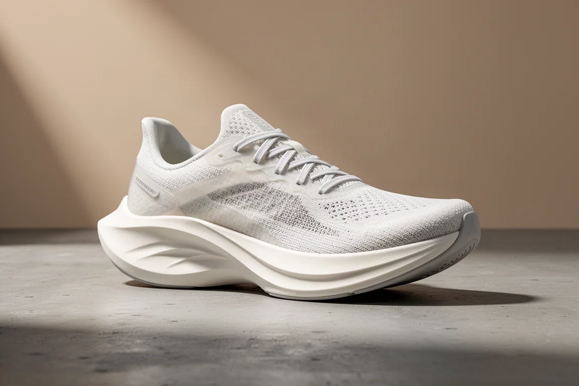 Hoka Cielo lightweight road racing shoe with thick foam midsole on concrete