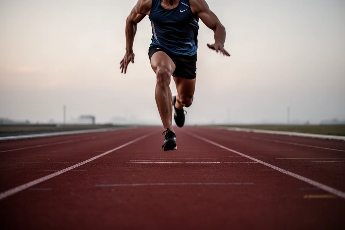 Atleta fazendo tiros rápidos em uma pista de atletismo ao ar livre ao entardecer