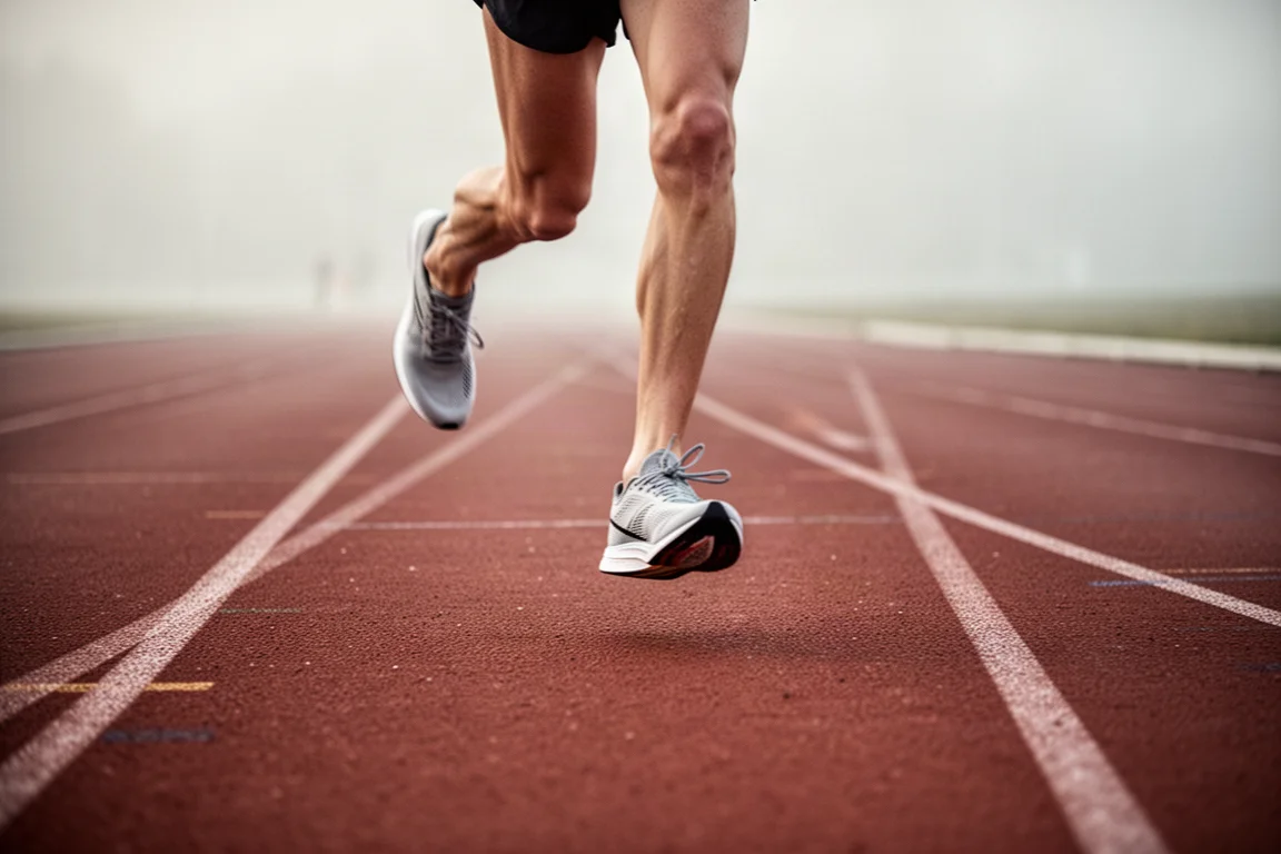 Un corridore si scalda su una pista con scarpe da gara leggere