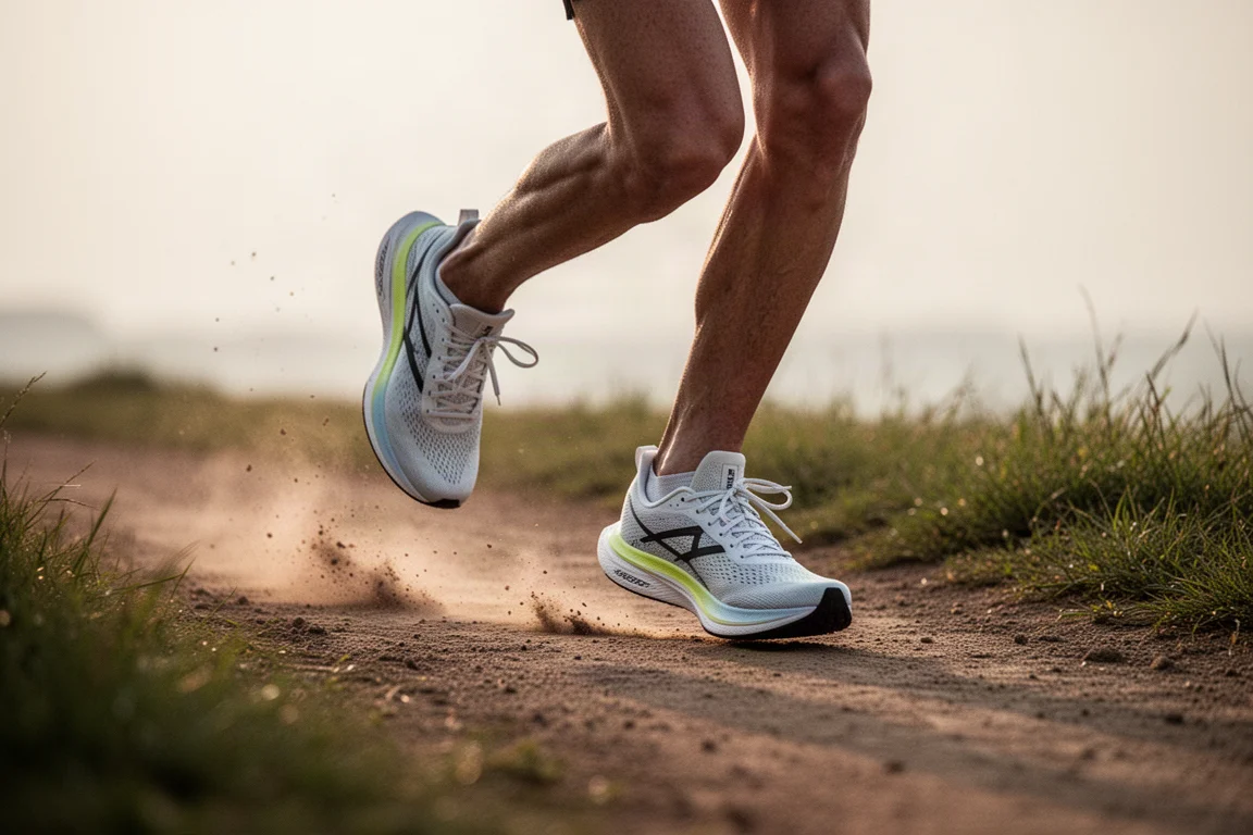 Un corridore scatta su un sentiero di terra accanto alla pista