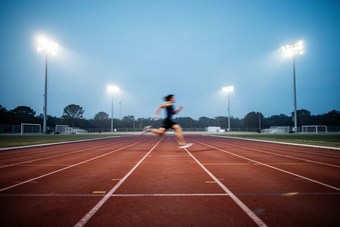 Un corridore svolge ripetute veloci di 400 metri sulla pista al tramonto