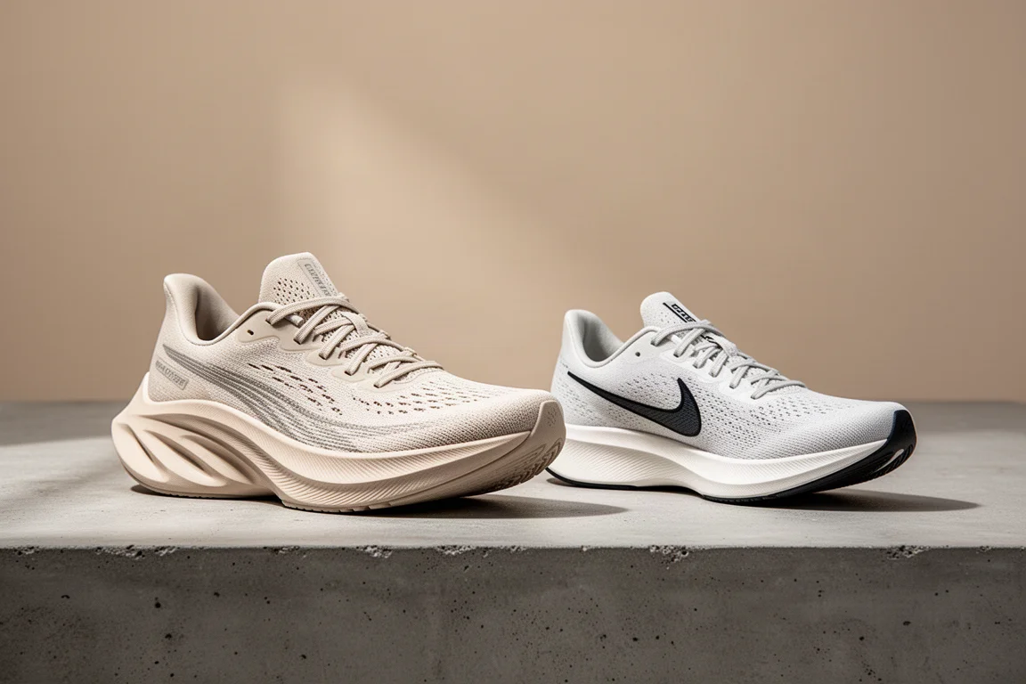Hoka Cielo X Road and Saucony Sinister racing shoes side by side on concrete