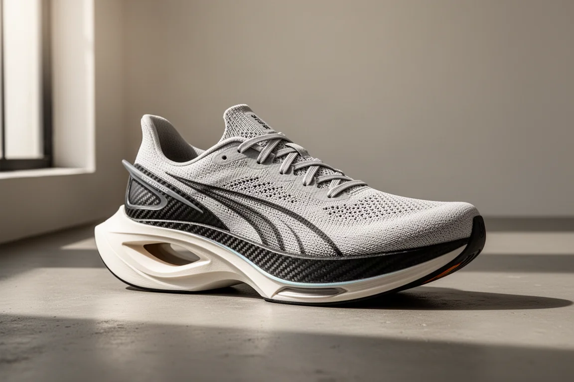 Hoka Cielo X1 running shoe with thick midsole shown at a three-quarter angle