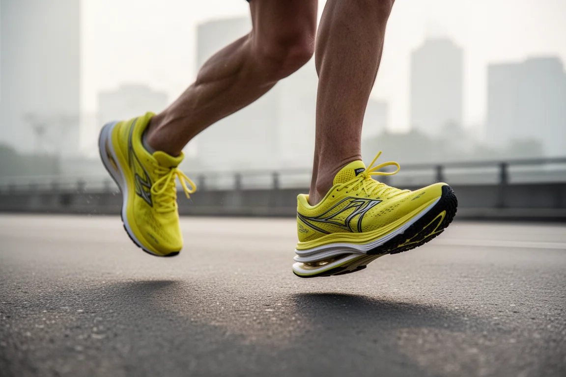 Runner's feet mid-stride on a city road in a pair of tall-stacked yellow racing shoes