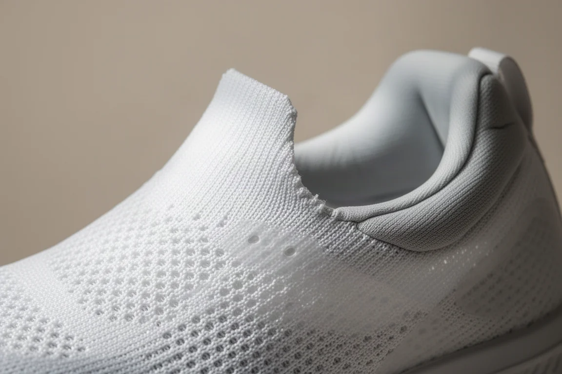 Close-up of a thin engineered mesh upper showing breathability and padding around the heel