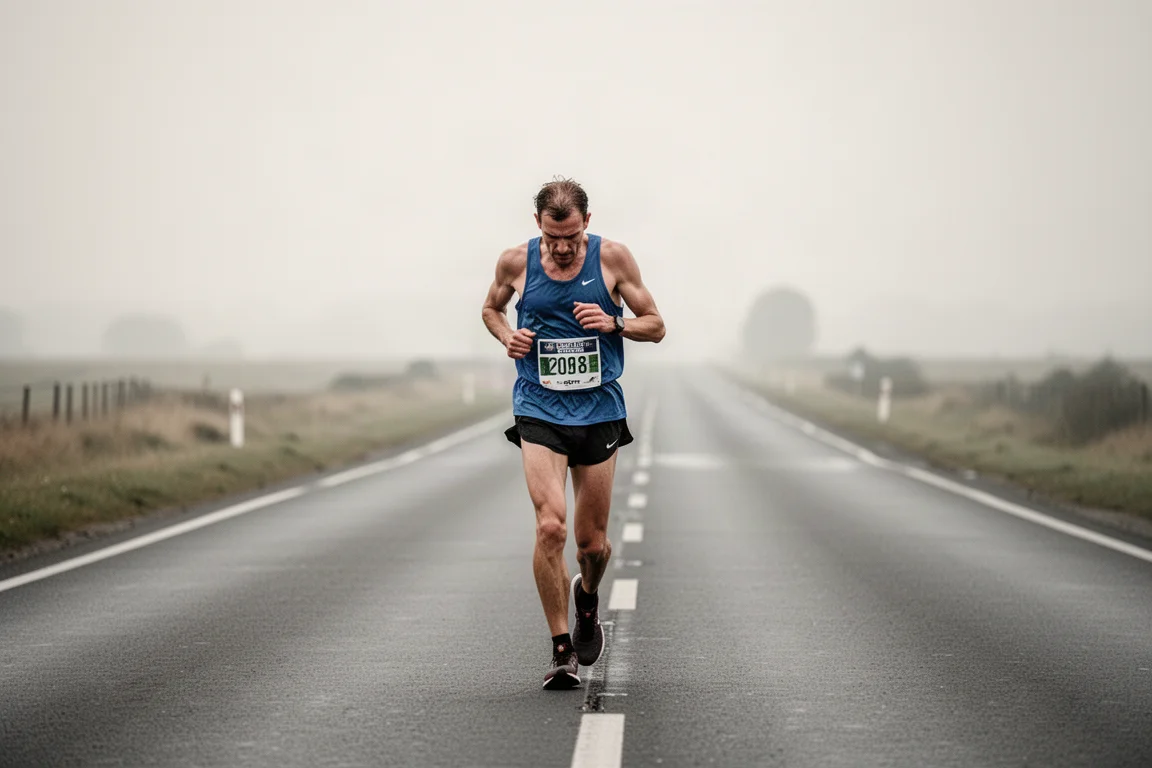 Runner slowing to a walk at the end of a long race, legs fatigued on open road