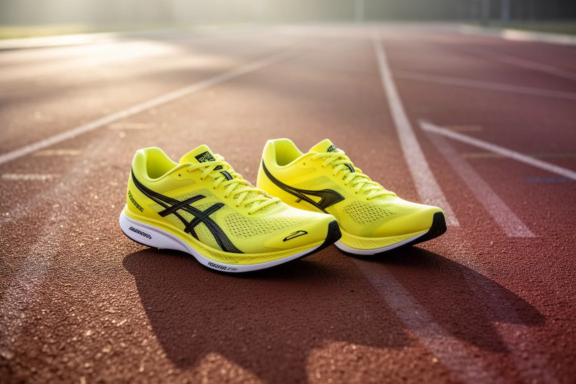 Pair of carbon racing shoes lined up side by side on a track surface