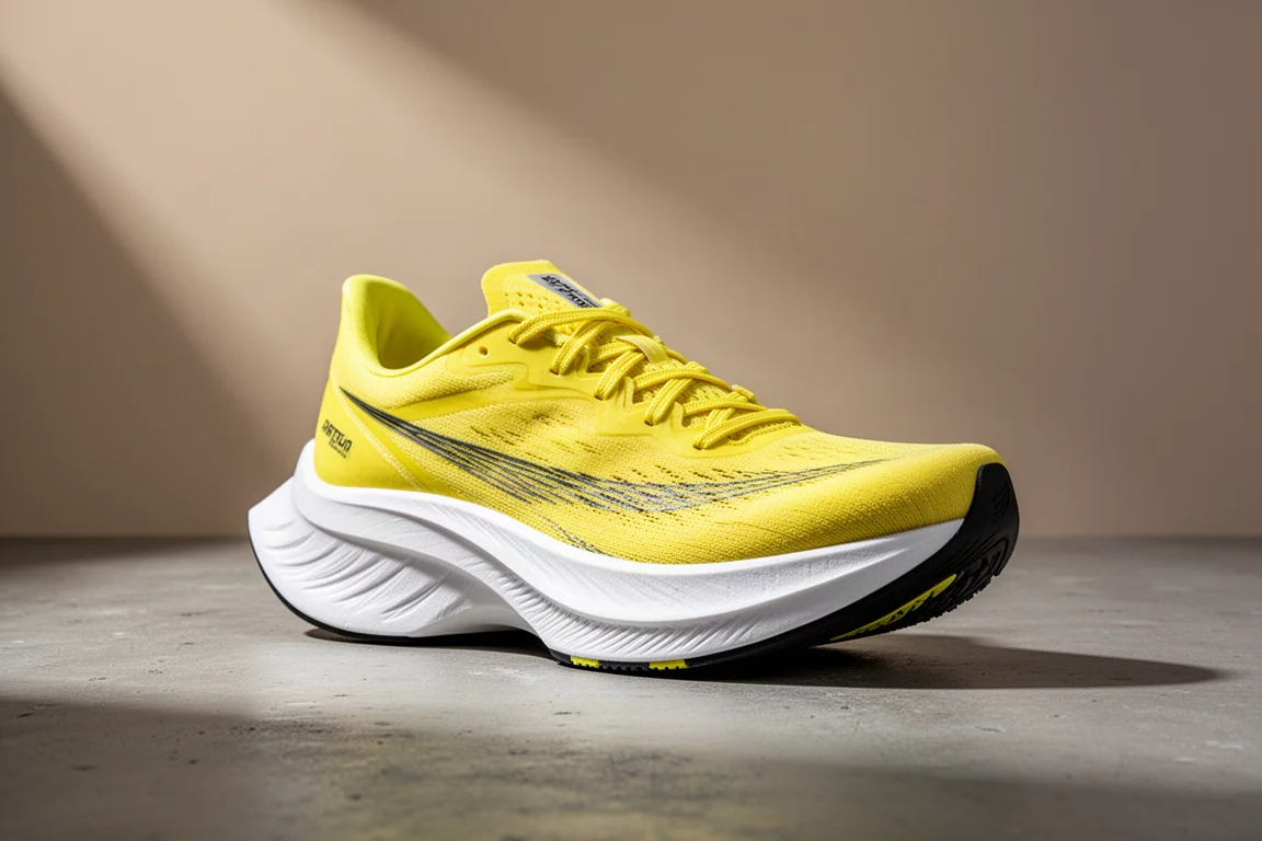 Scarpa da corsa gialla Hoka Cielo X1 2.0 con generoso stack di schiuma su superficie in cemento