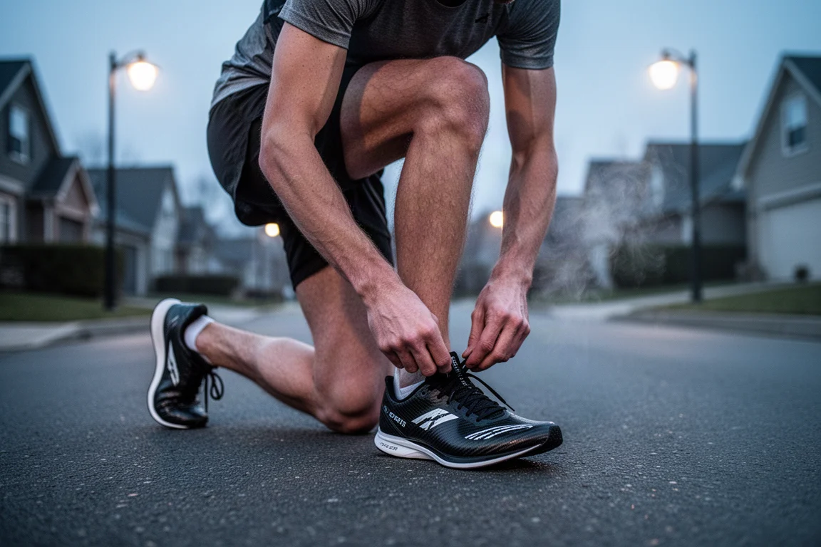 Runner tying the laces of a carbon racing shoe on a quiet pre-dawn street