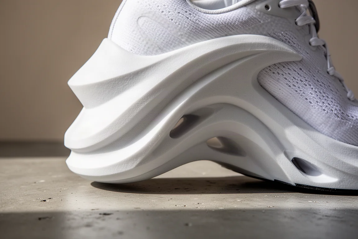 Close-up of a tall foam midsole showing its curved rocker geometry