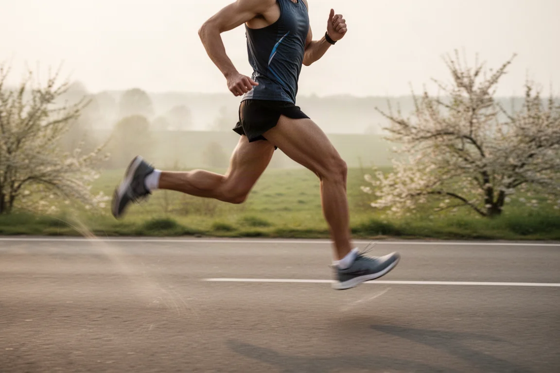 Runner picking up pace on an open road in morning light