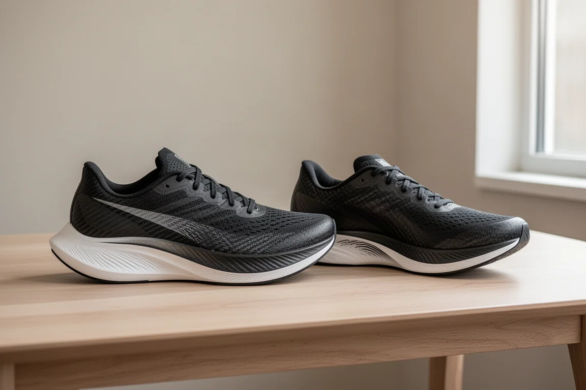 Two running shoes side by side on a table for comparison