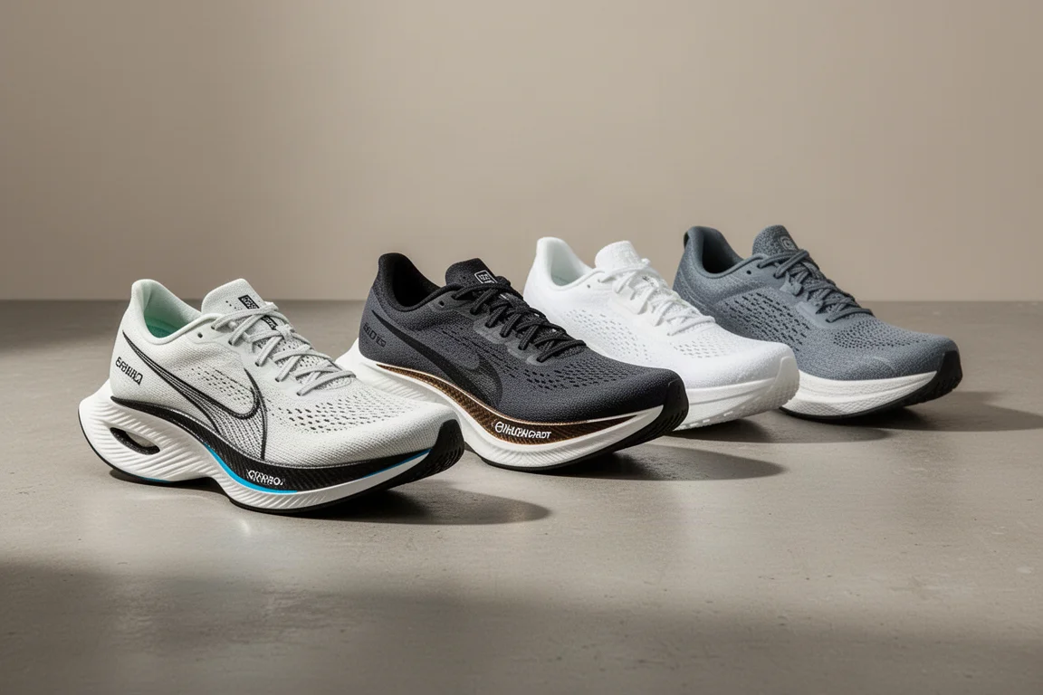 Four modern carbon-plated racing shoes arranged on a concrete surface