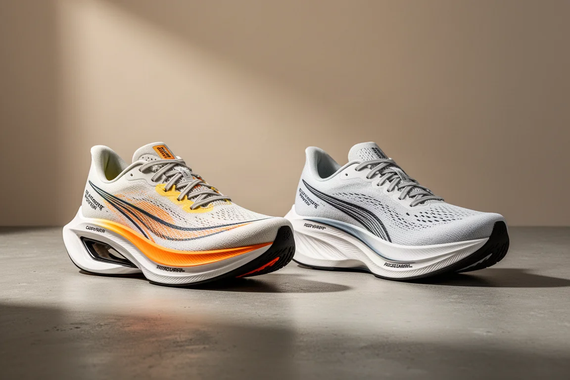 Two Hoka racing shoes side by side on a concrete surface