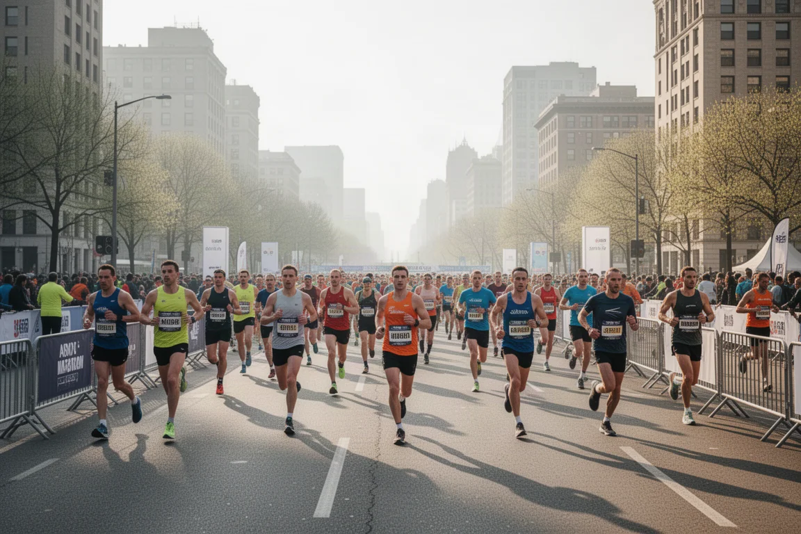 Löpare som värmer upp bland folk nära en maratonstartficka en klar morgon