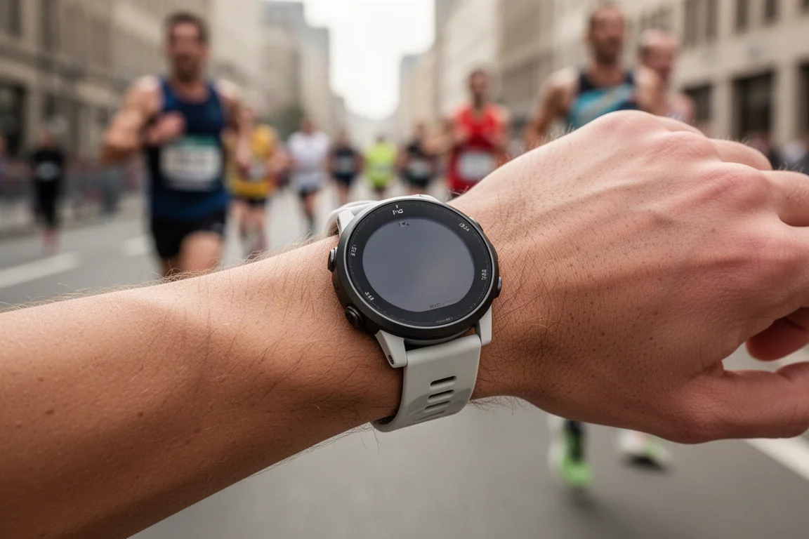 Rund GPS-löparklocka på en handled som visar ett maraton pågående