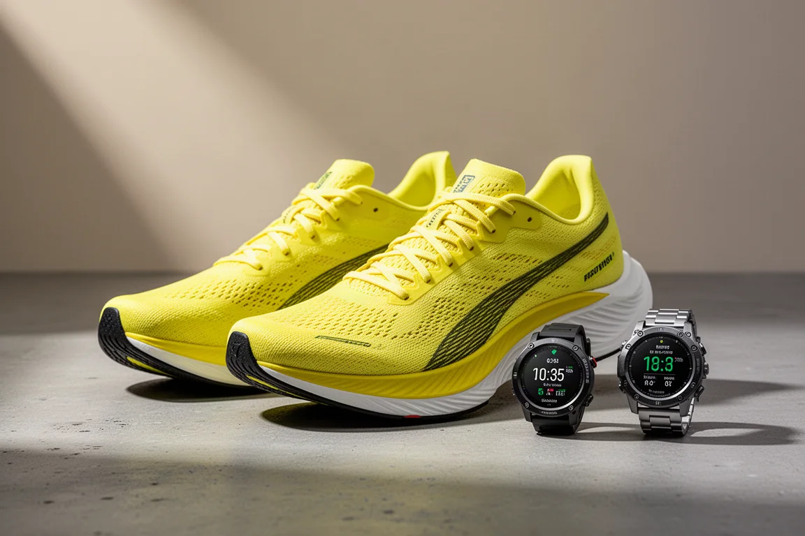 Yellow carbon racing shoes beside two sports watches on concrete