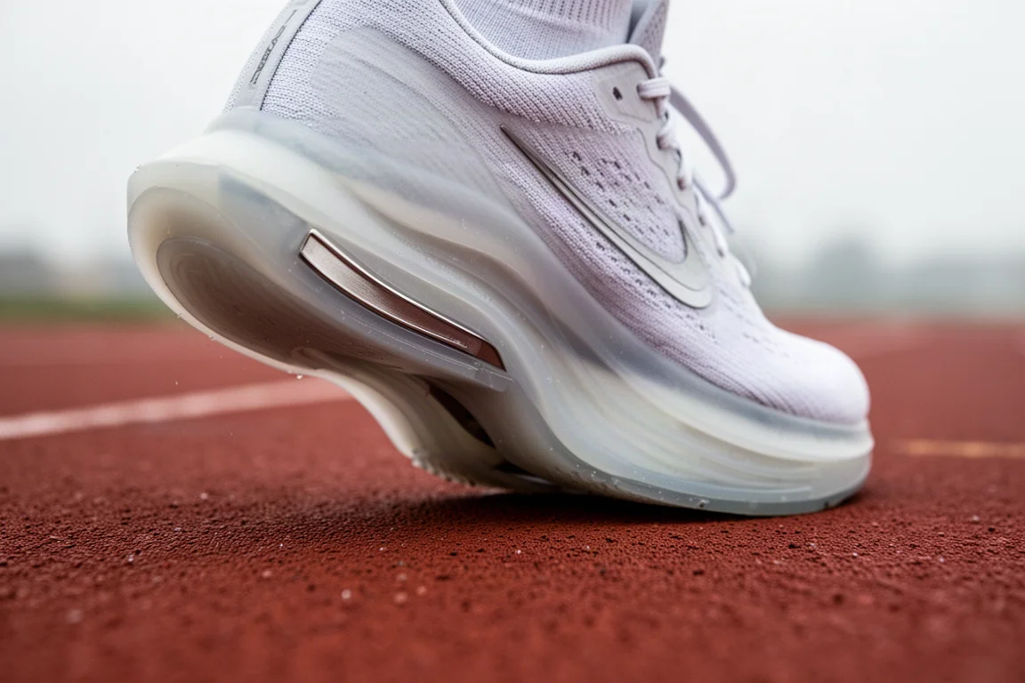 Zbliżenie na profilowaną podeszwę środkową buta typu super landing na bieżni lekkoatletycznej