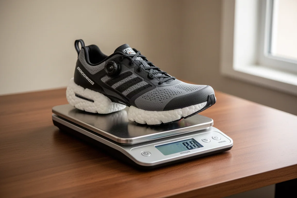 A kitchen scale weighing a road running shoe, digital display showing grams