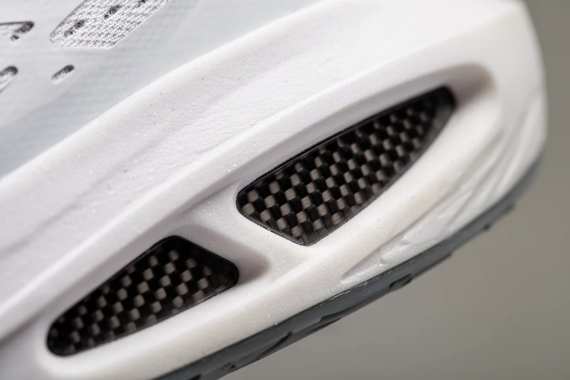 Close-up of the sculpted midsole of a racing shoe with exposed carbon plate and cutouts