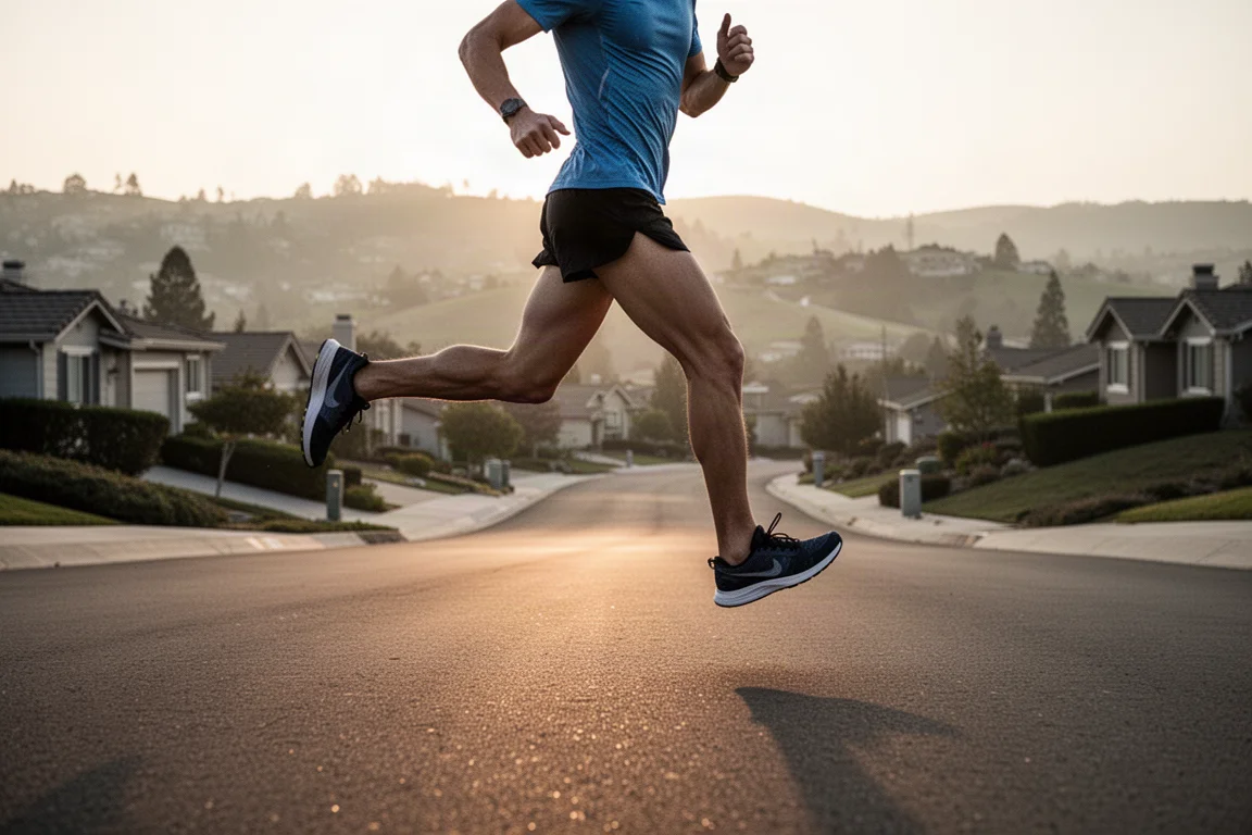 Runner mid-stride on a rolling suburban road in soft evening light