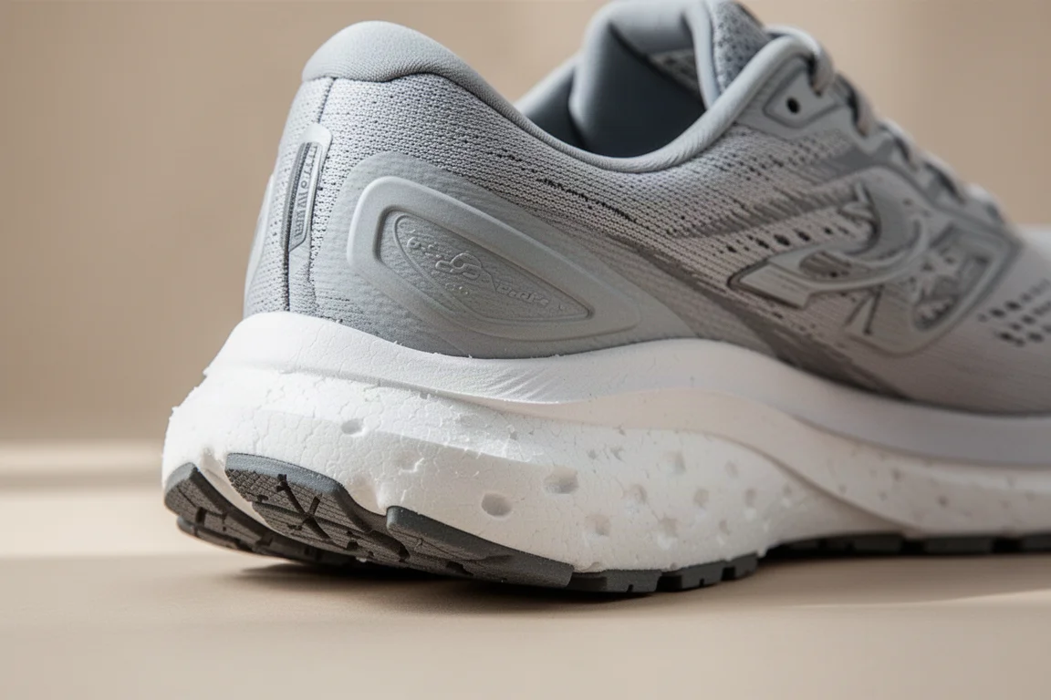 Close-up of a running shoe heel showing minimal outsole rubber coverage on foam