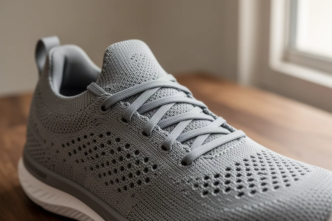 Primer plano del empeine tejido de una zapatilla de running con una lengua fina perforada