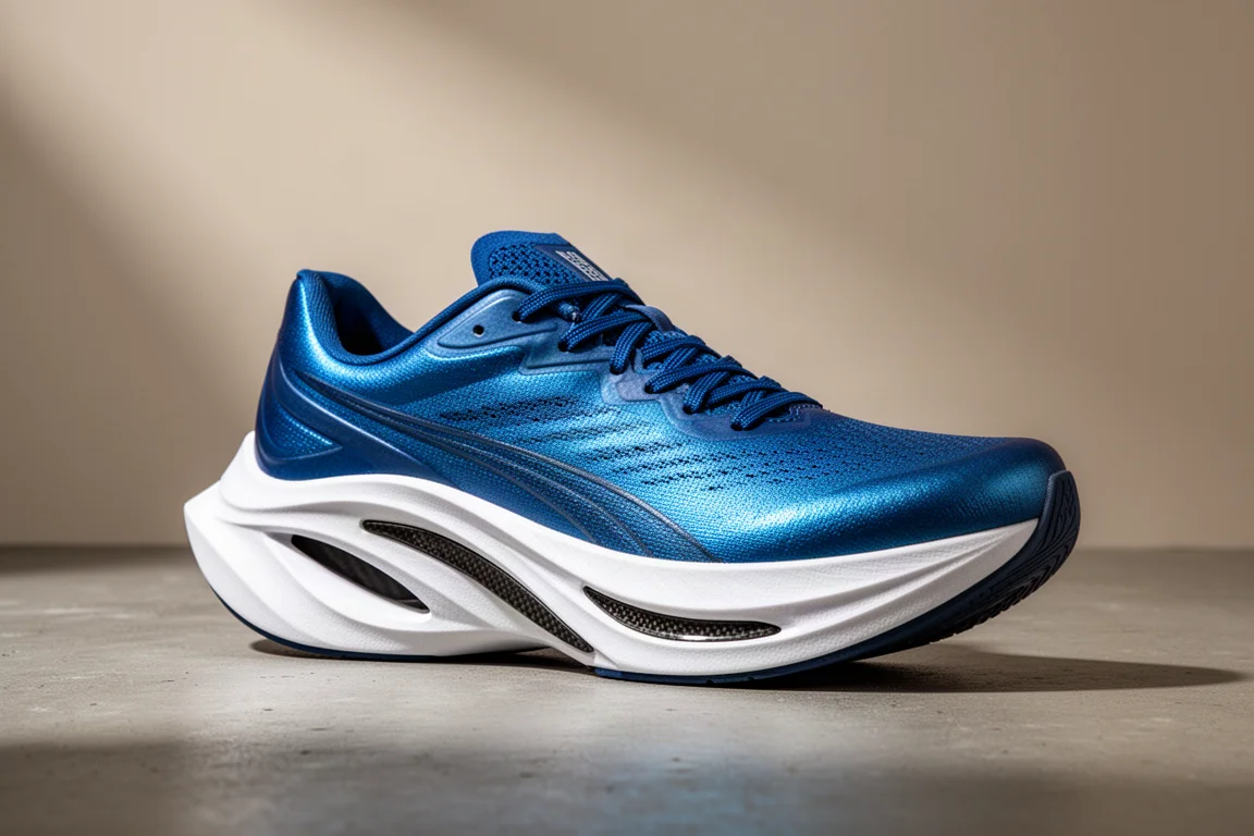 Hoka Cielo X1 racing shoe with metallic blue upper and exposed carbon plate on concrete