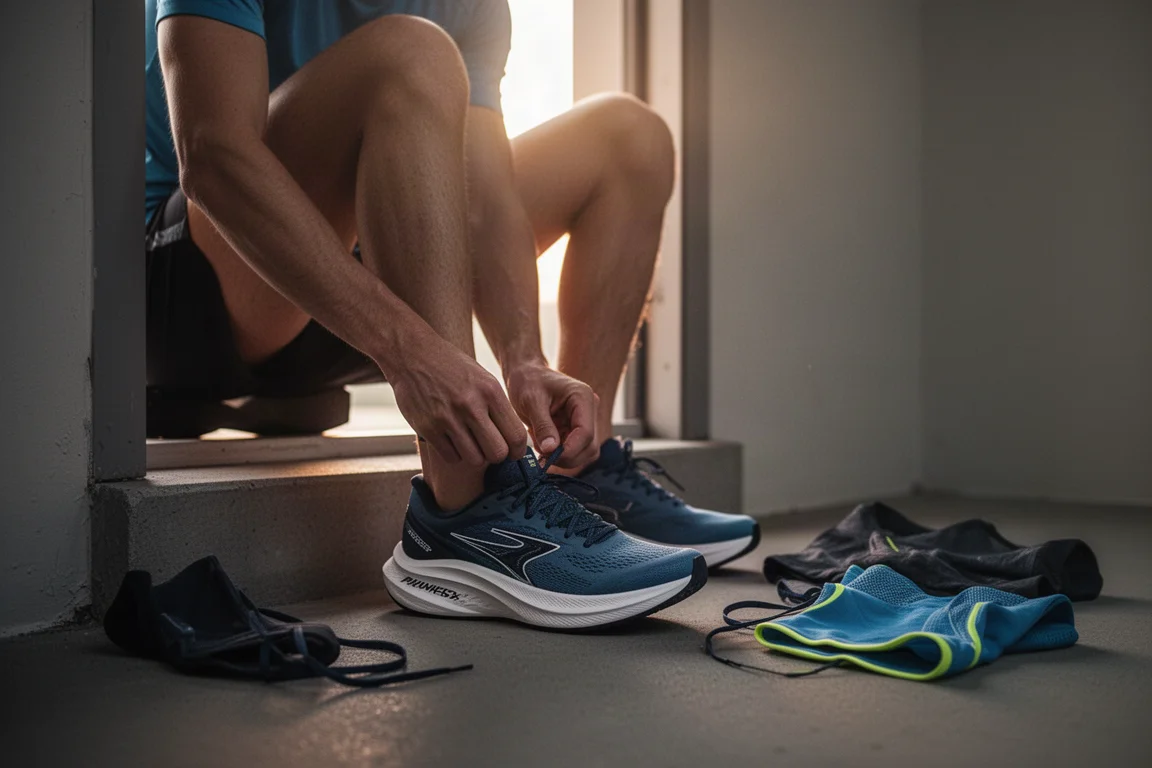Läufer schnürt vor einem langen Lauf am frühen Morgen einen Laufschuh mit hohem Stack