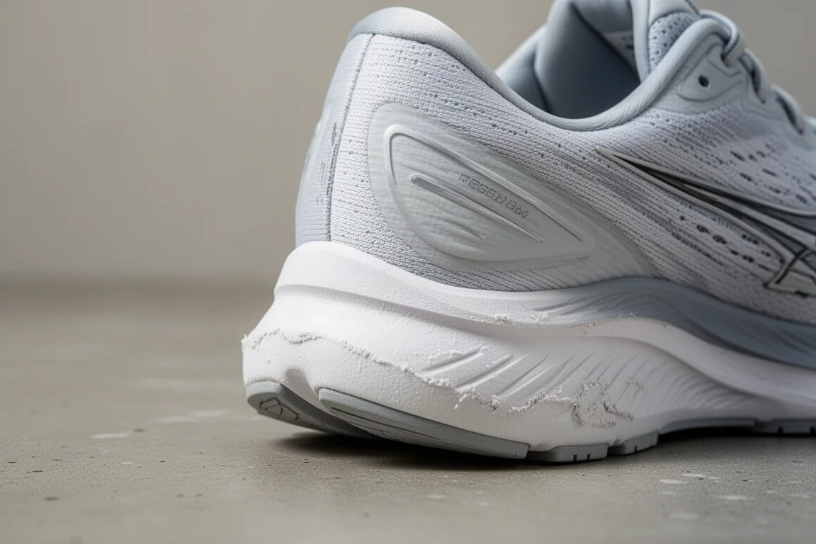 Freiliegendes hinteres Mittelsohlenmaterial eines Laufschuhs mit sichtbarem frühzeitigem Verschleiß
