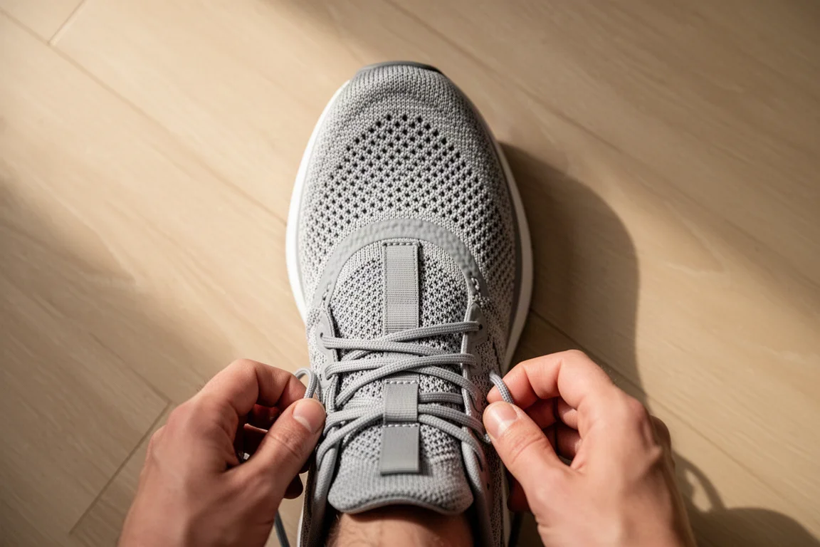 Läuferfuß in einem Wettkampfschuh mit Strickobermaterial, Schnürsenkel werden auf einem Holzboden gebunden