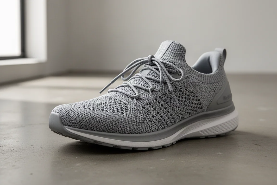 Close-up of a running shoe knit upper with laces loosely tied on a concrete surface