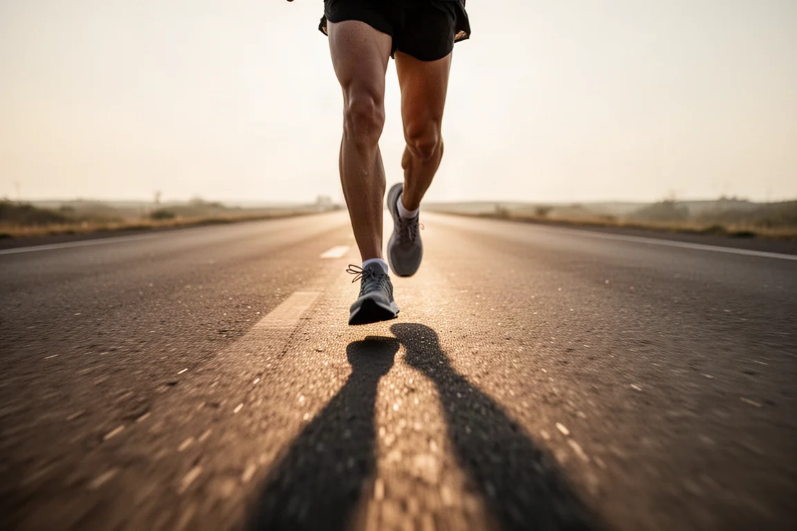 Runner working through tempo intervals on an empty road at sunrise
