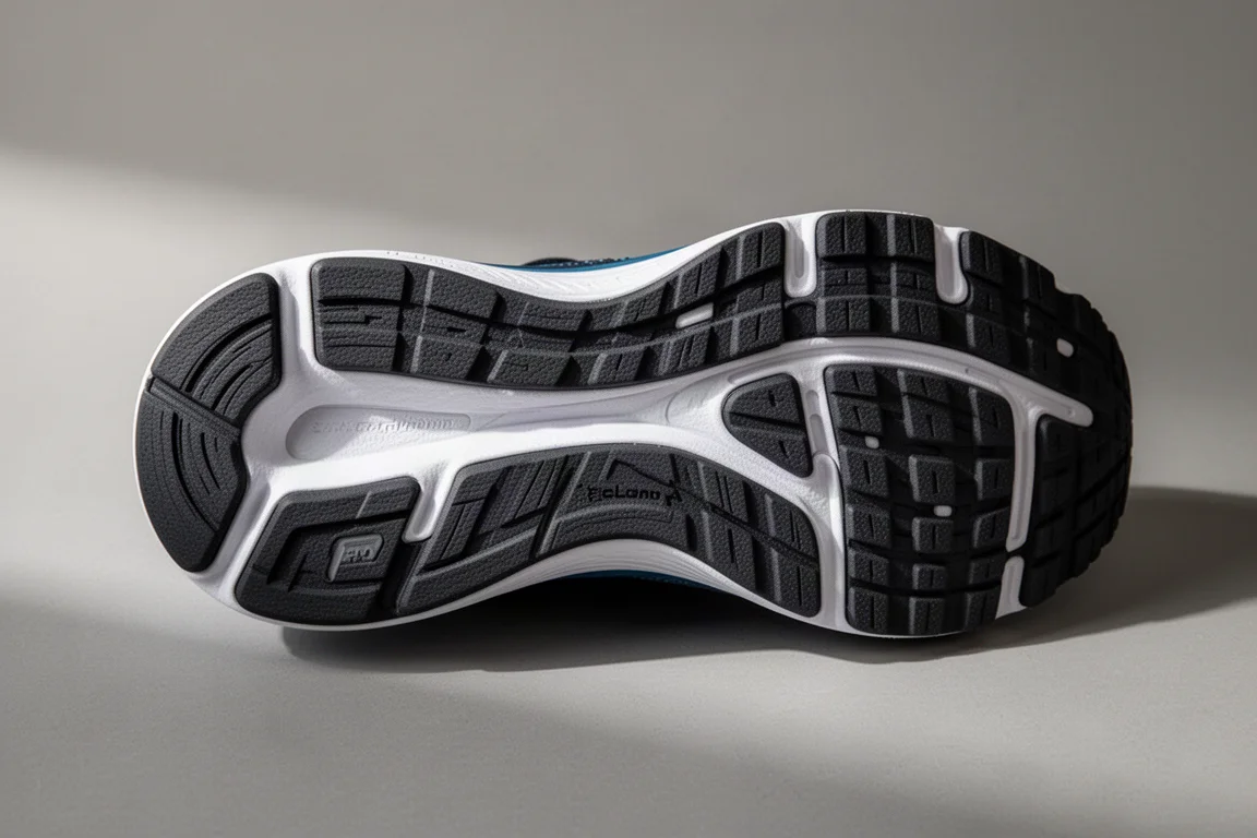 Outsole of a running shoe showing a rubber heel and a notch cut to save weight