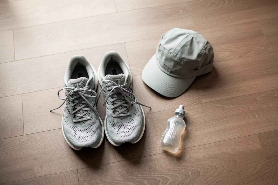 Running shoes and race-day gear laid out flat on a wooden floor before a workout