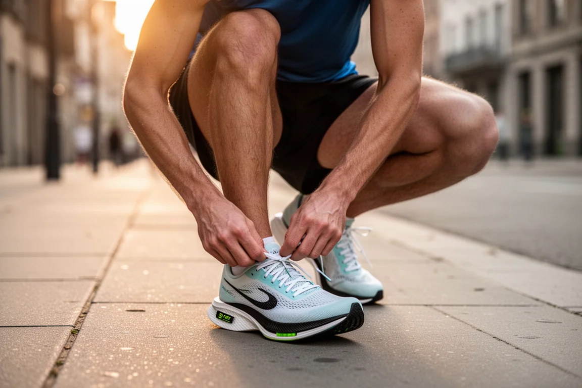 Runner che allaccia un paio di leggere scarpe da gara con placca in carbonio prima della corsa