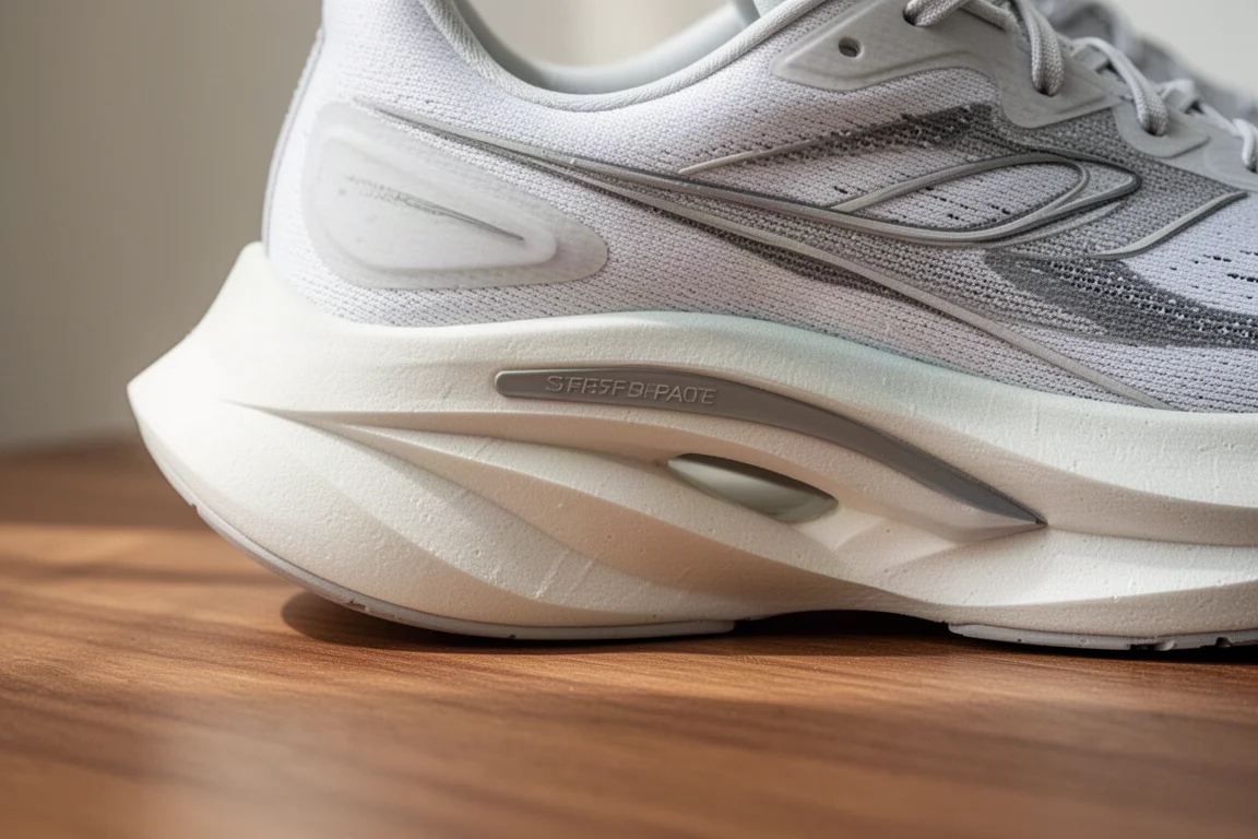 Primissimo piano di una spesso,midsole scolpita di una super shoe con placca in carbonio visibile