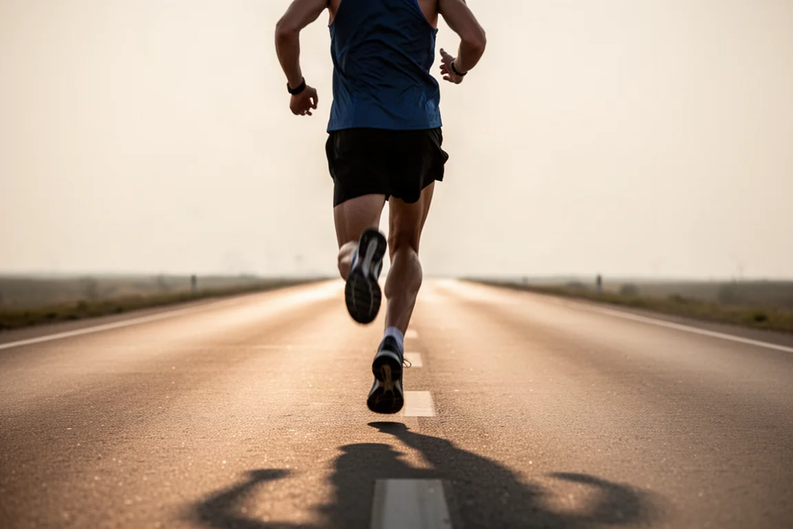 Runner che affronta un ritmo veloce da mezza maratona su strada aperta