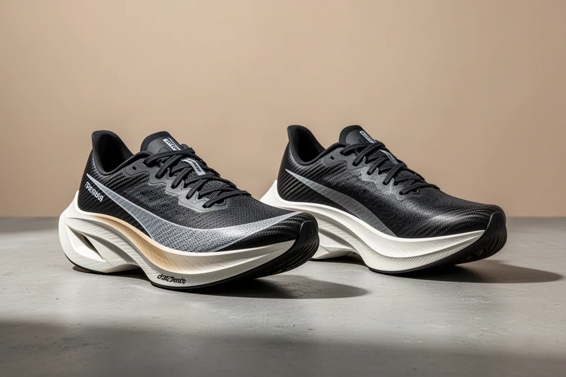 Two carbon-plated Hoka super shoes side by side on grey concrete