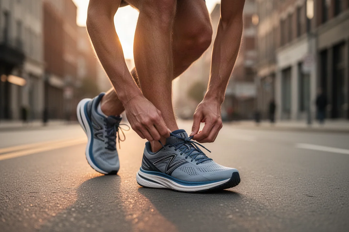 Un corridore allaccia le scarpe da gara per la maratona prima di un allenamento al mattino presto