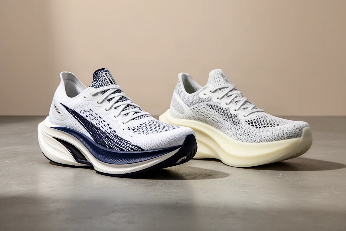Hoka Cielo X1 and New Balance SC Elite V4 running shoes side by side on concrete