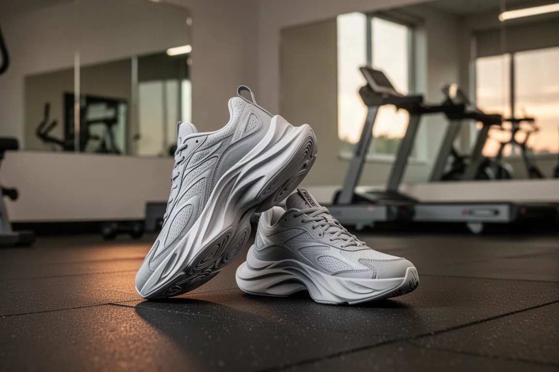 Läufer schnürt auf einem Fitnessstudio-Boden die Schnürsenkel eines Paars Rennschuhe mit hoher Zwischensohle