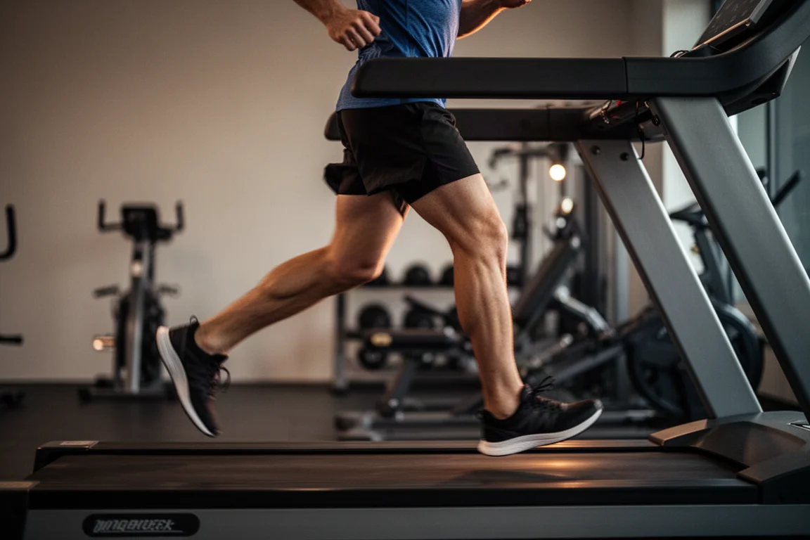 Läufer in der Schwungphase auf einem Laufband beim Abendtraining